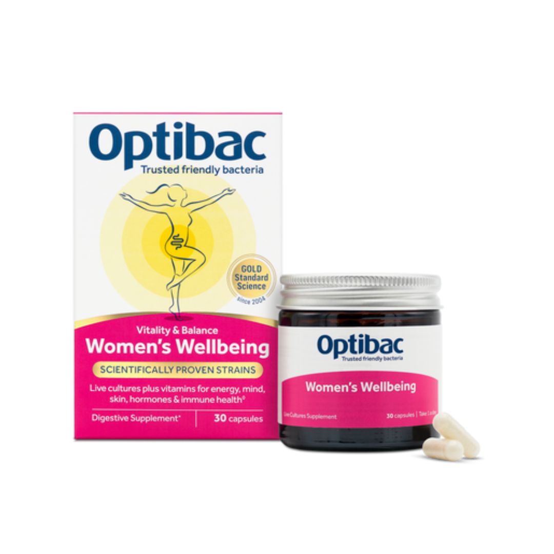 Optibac Women's Wellbeing packaging and container side by side on a white background