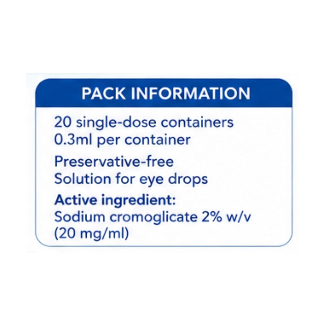 Opticrom Allergy 20 Single Dose Eye Drops 'PACK INFORMATION' image on a white backgrond
