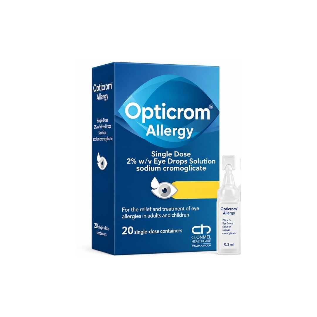 Opticrom Allergy 20 Single Dose Eye Drops packaging and single dropper on a white background