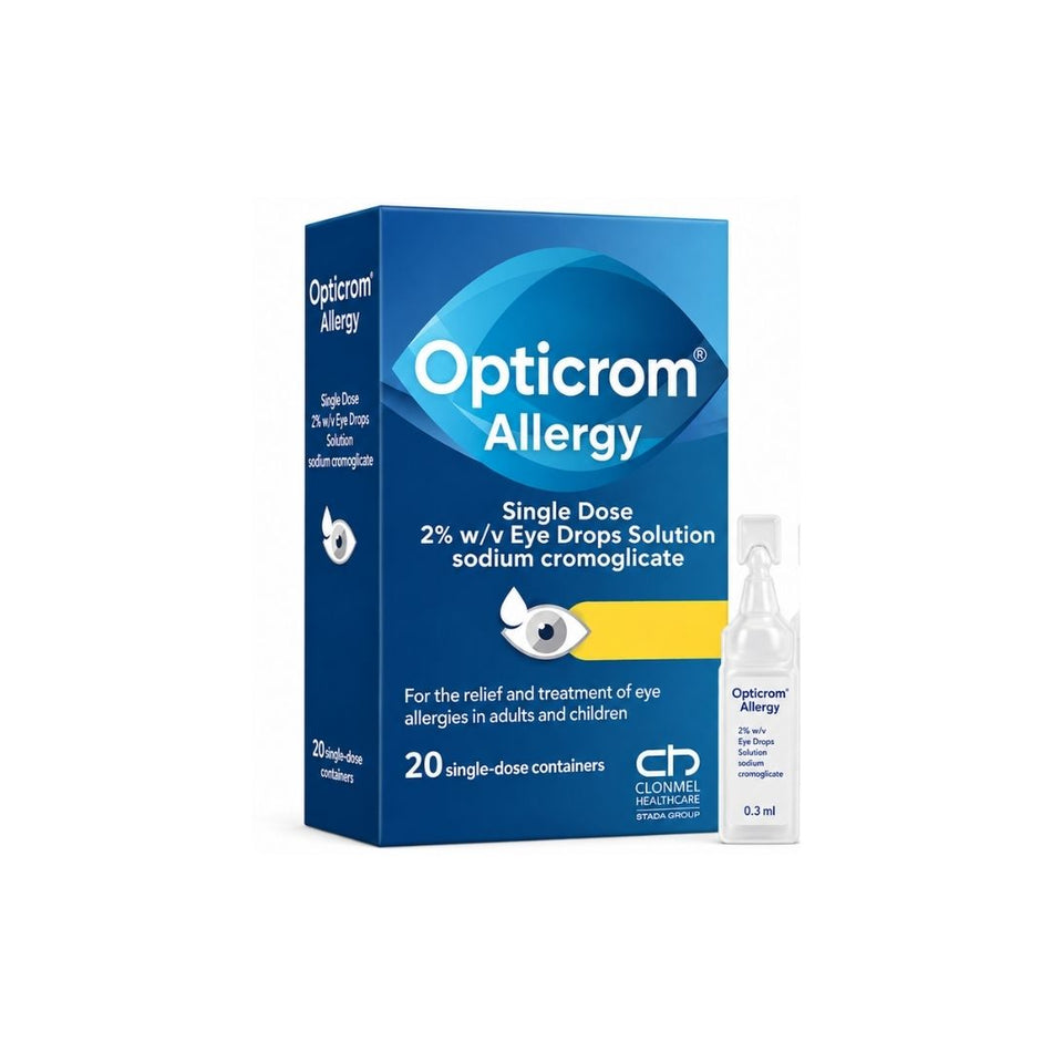 Opticrom Allergy 20 Single Dose Eye Drops packaging and single dropper on a white background