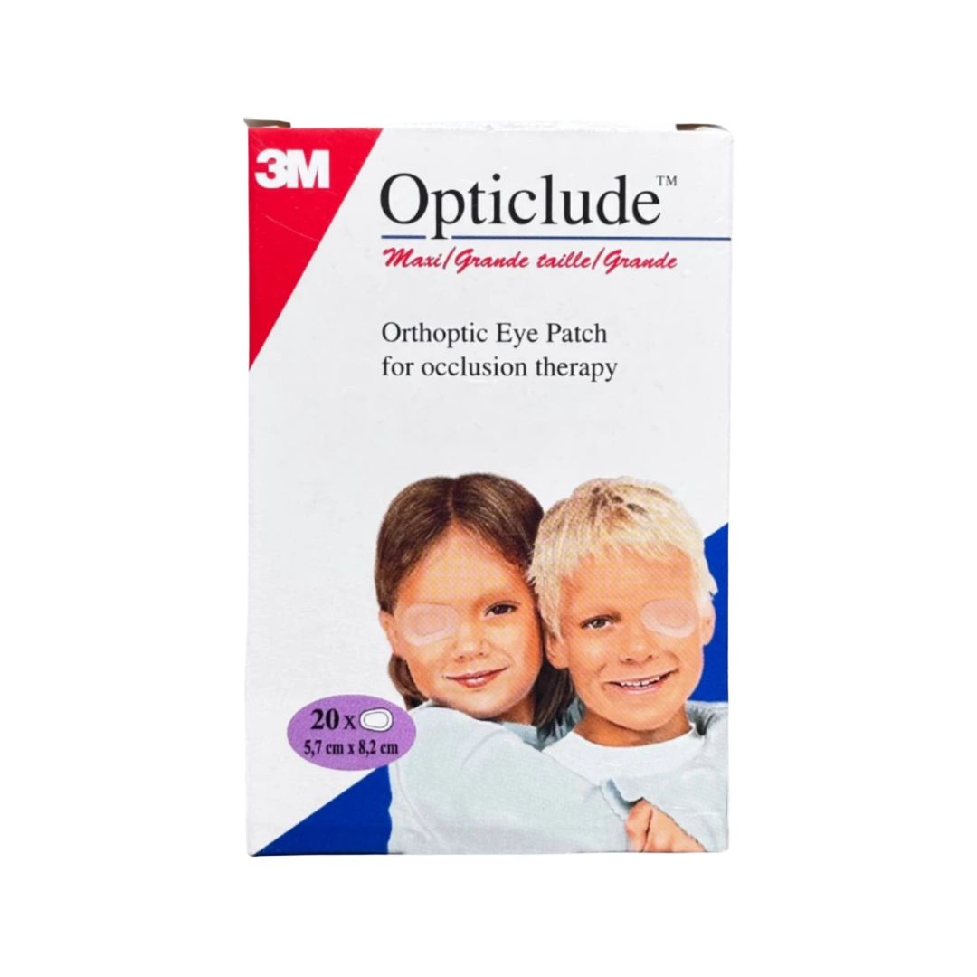 A box of 3M Opticlude Orthotic Eye Patch for occlusion therapy, featuring a white background with red and blue accents, and a photo of two children wearing the eye patches.