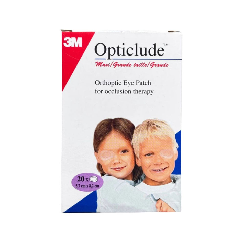 A box of 3M Opticlude Orthotic Eye Patch for occlusion therapy, featuring a white background with red and blue accents, and a photo of two children wearing the eye patches.