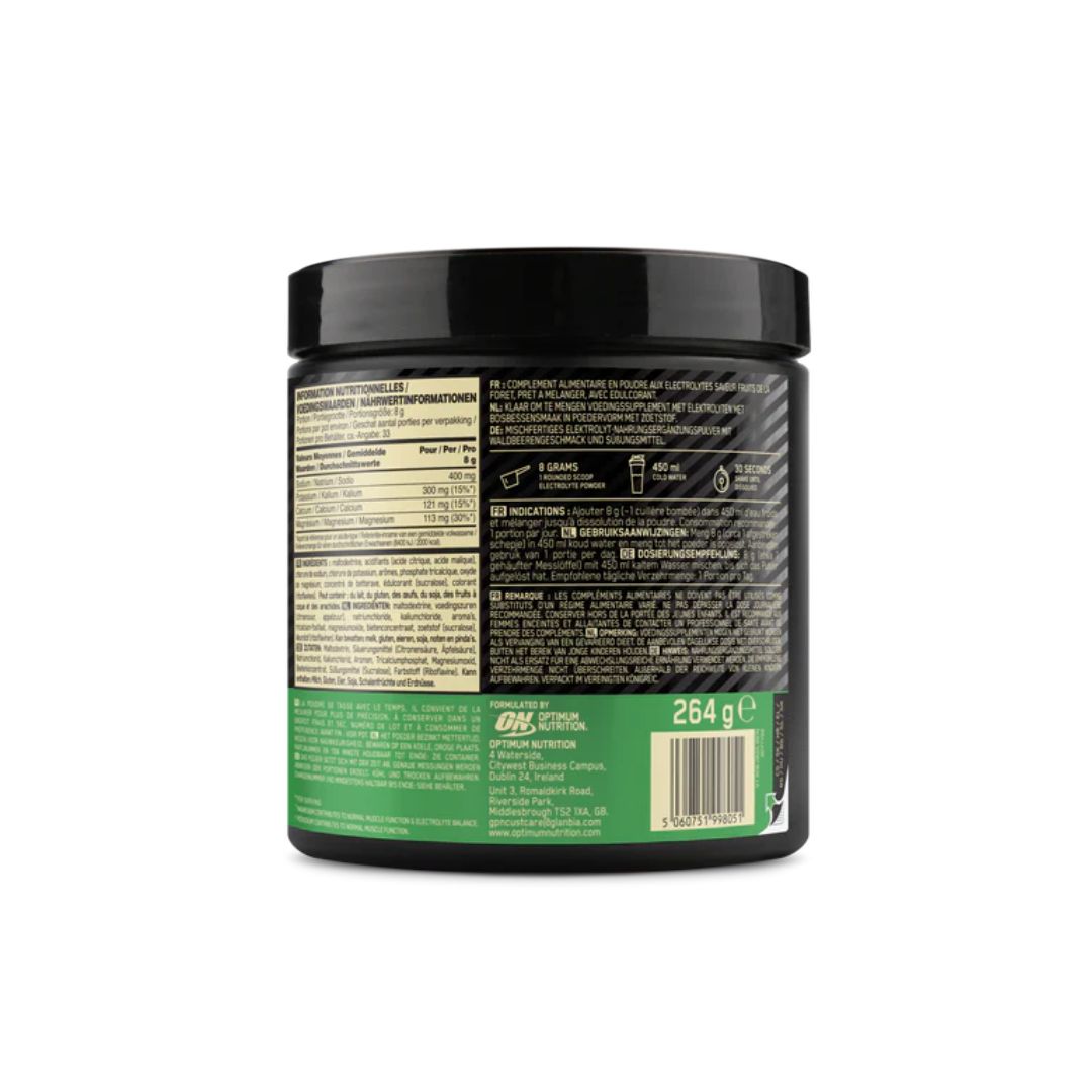 Optimum Nutrition Electrolyte Powder container (rear angle) on a white background