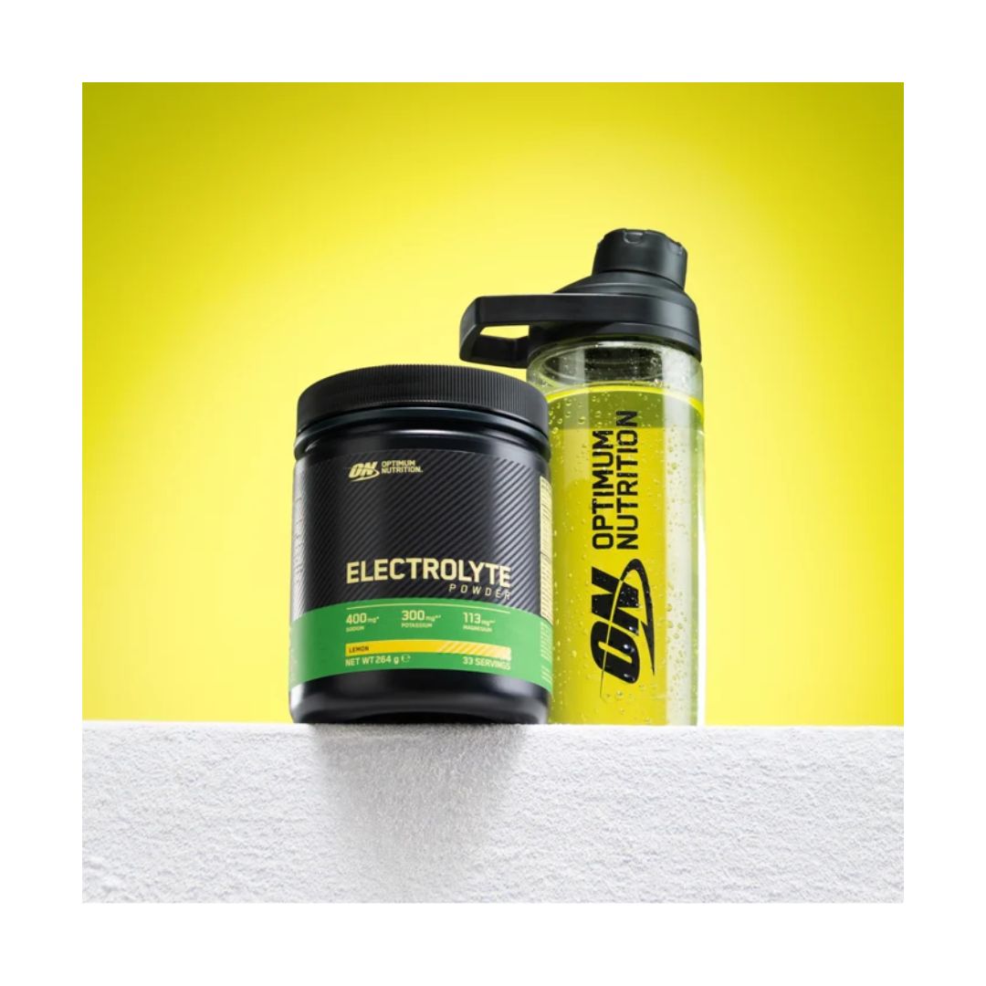 Optimum Nutrition Electrolyte Powder container and bottle on a yellow background