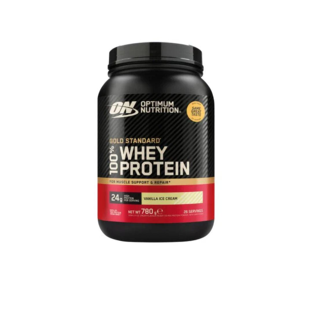 Optimum Nutrition 100% Whey Protein Vanilla Ice Cream flavor in a 780g black tub with a black lid, on a plain white background.