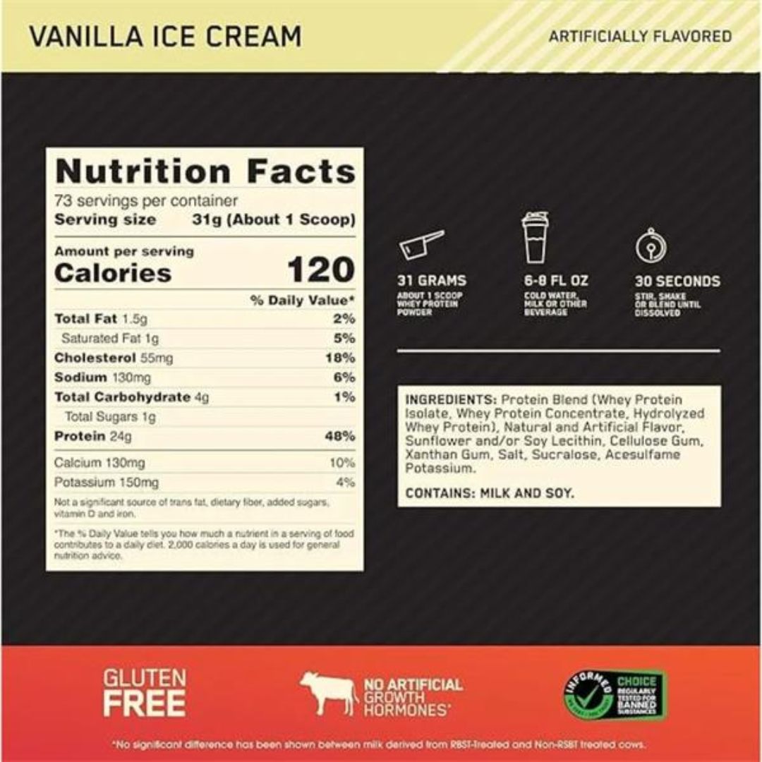 Back label of Vanilla Ice Cream powder showing nutrition facts, serving size, calories, ingredients, and flavor information on a black background with orange and white sections.