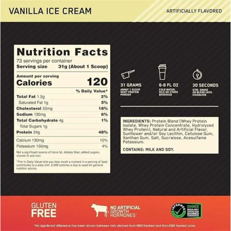 Back label of Vanilla Ice Cream powder showing nutrition facts, serving size, calories, ingredients, and flavor information on a black background with orange and white sections.