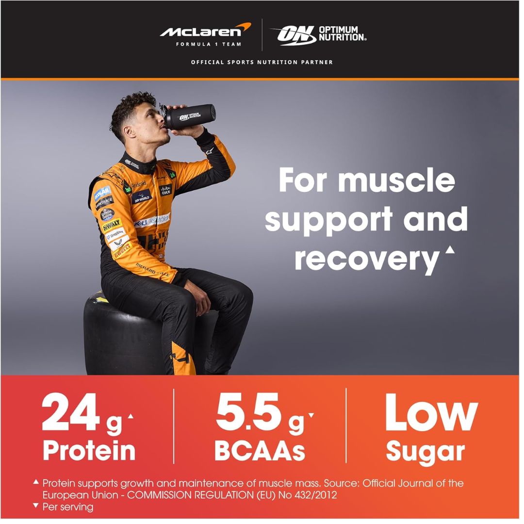 Promotional graphic for McLaren Formula 1 Team sports nutrition by Optimum Nutrition, featuring driver Oscar Piastri in a orange and black racing suit drinking from a black shaker bottle. The graphic includes text highlighting protein, BCAAs, and low sugar content, with McLaren and Optimum Nutrition logos at the top.
