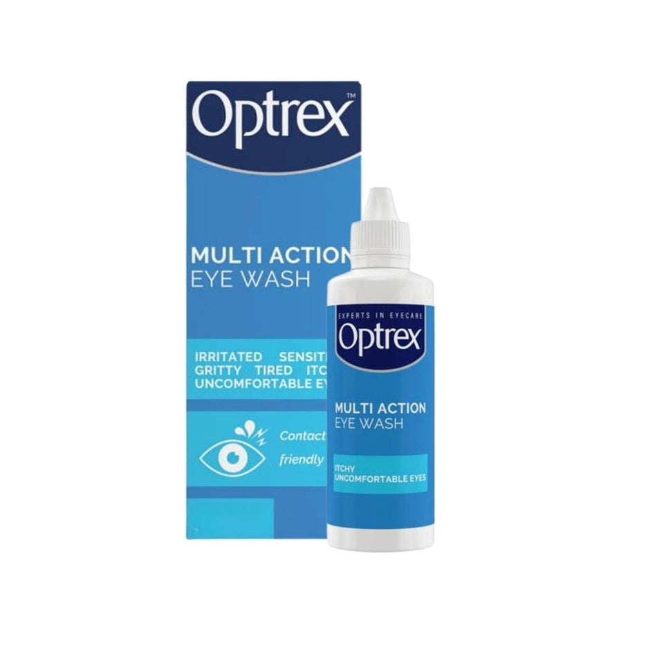 Optrex Multi Action Eye Wash 100ml packaging and bottle on a white background