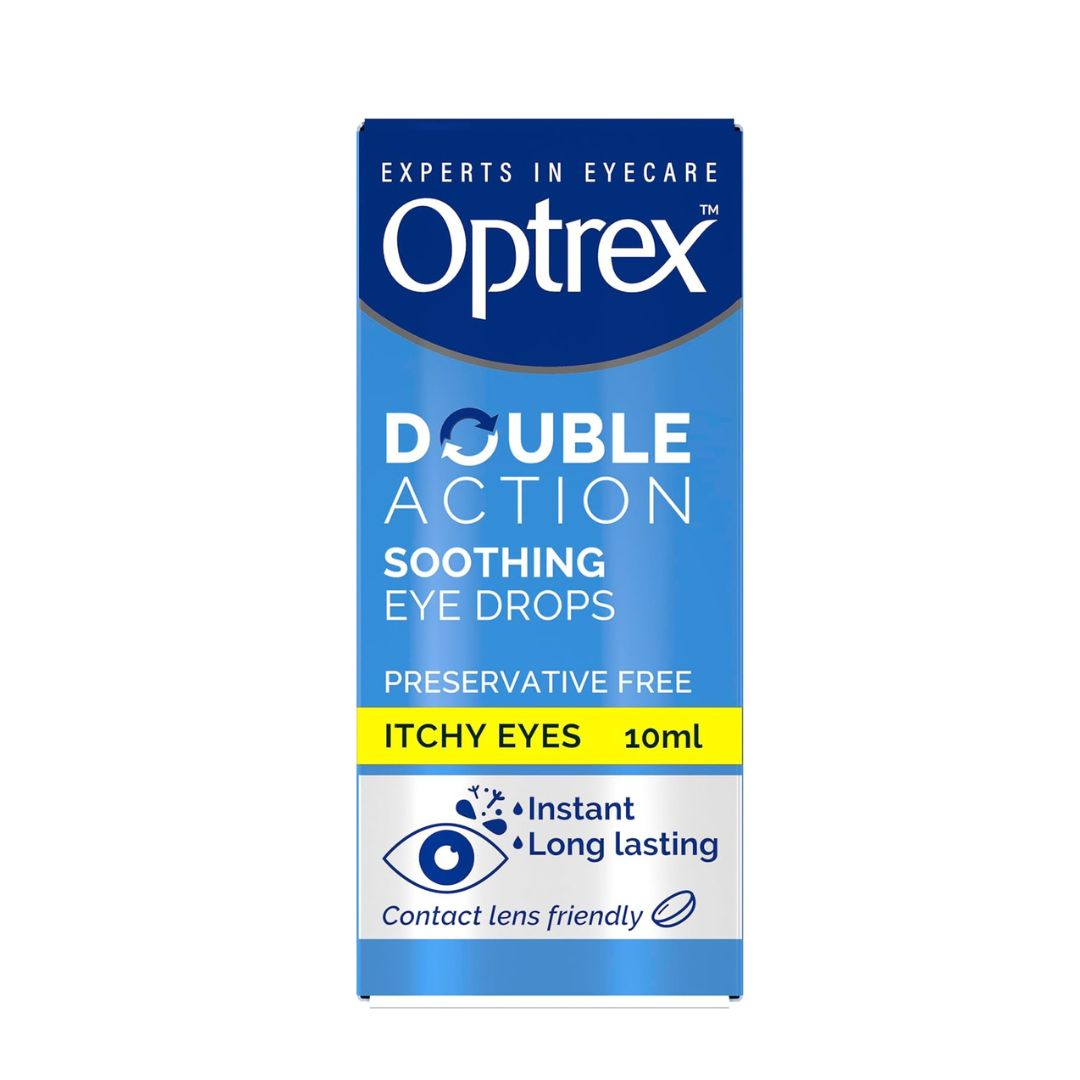 Optrex Double Action Soothing Eye Drops packaging on a white background