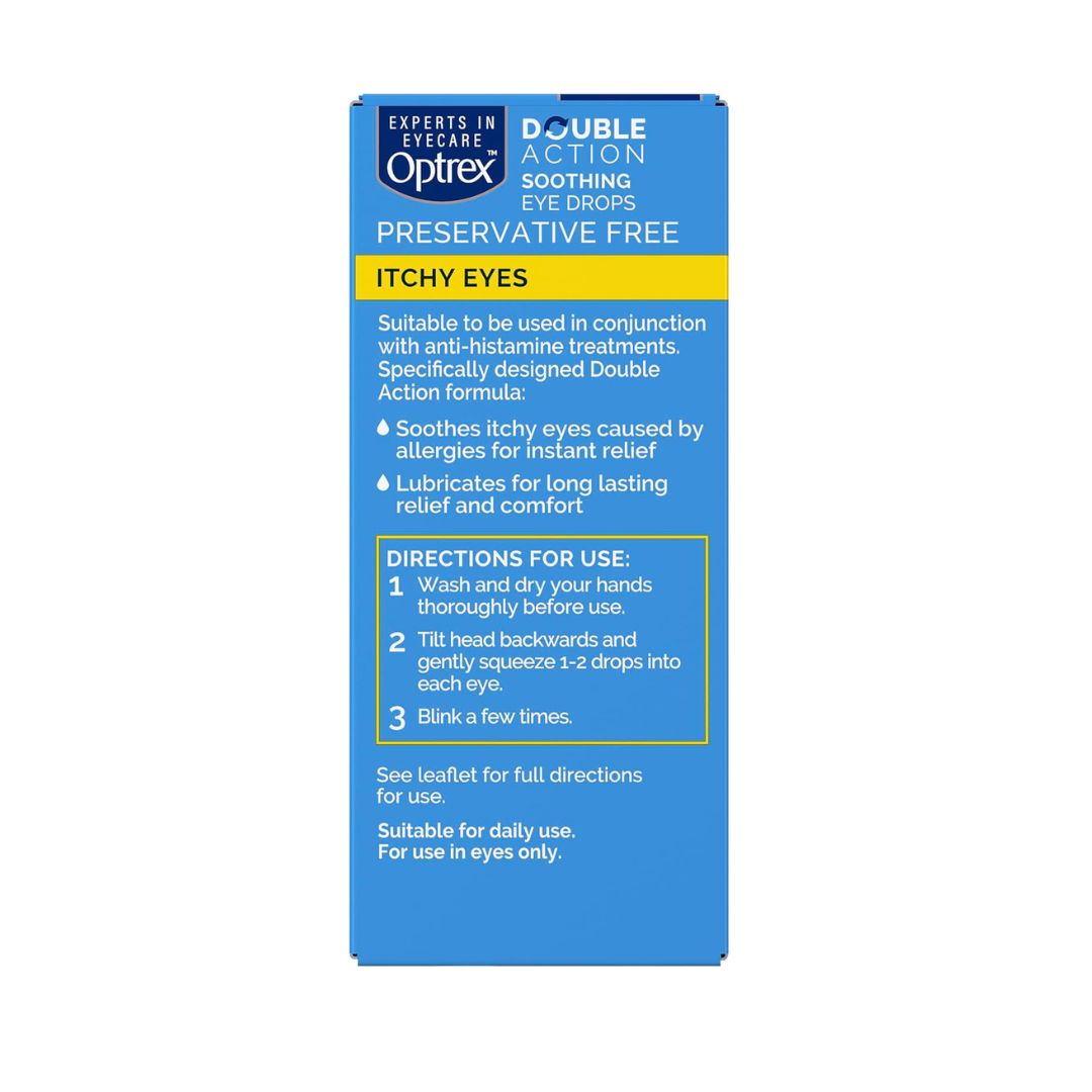 Box of Optrex eye drops for itchy eyes on a white background