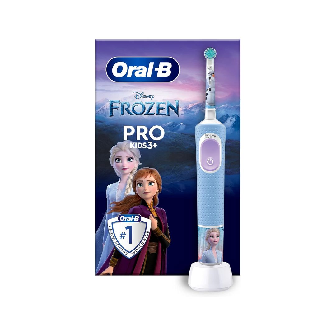 Oral-B Pro Kids 3+ electric toothbrush with Disney Frozen theme, shown next to its retail packaging box on a white background.