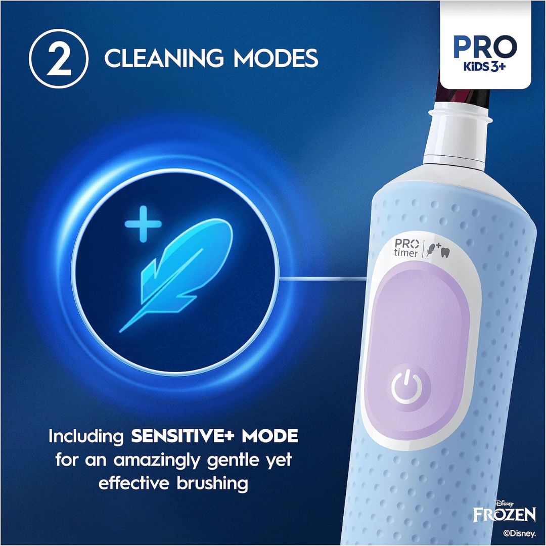 A Disney Frozen-branded electric toothbrush shown on a dark blue promotional graphic. The toothbrush has a light blue textured body, a lavender oval control panel, and a white cap.