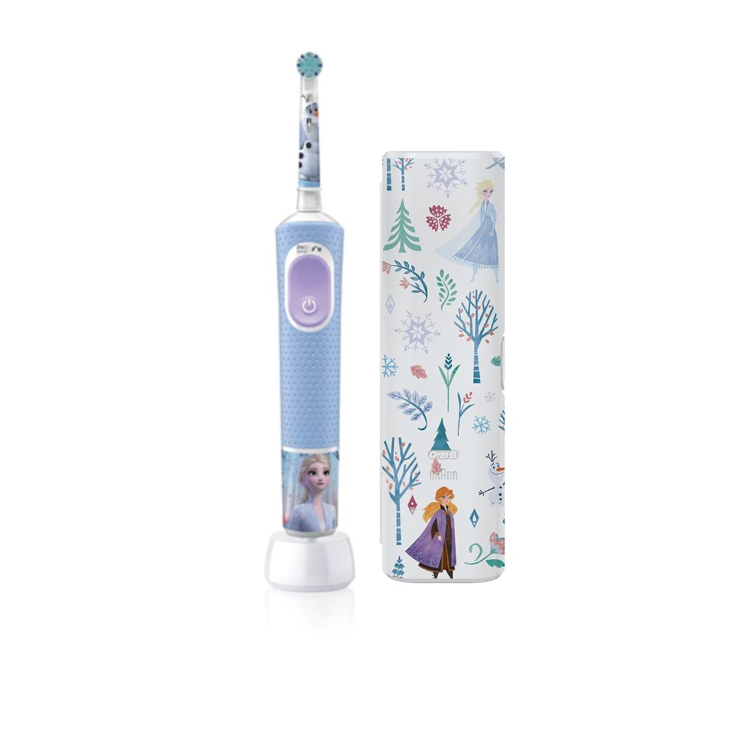 A Disney Frozen-themed electric toothbrush standing upright next to its matching cylindrical storage box. The toothbrush features a light blue textured handle, a lavender power button, and character graphics of Elsa and Anna.