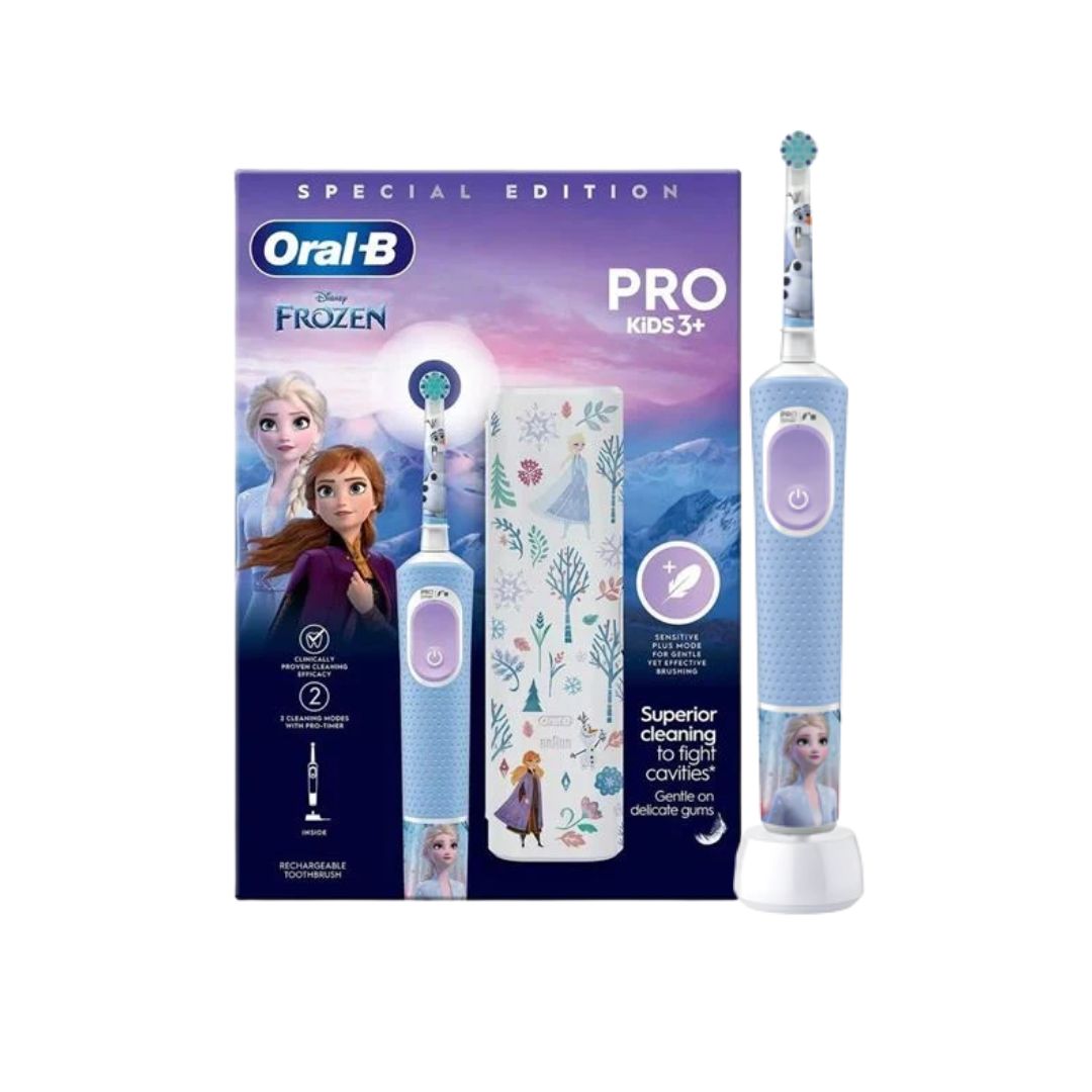 Oral-B Pro Kids 3+ Special Edition Frozen electric toothbrush shown next to its retail packaging box. The toothbrush features a light blue and lavender color scheme with character graphics of Elsa and Anna, and is displayed alongside its matching lavender carrying case.