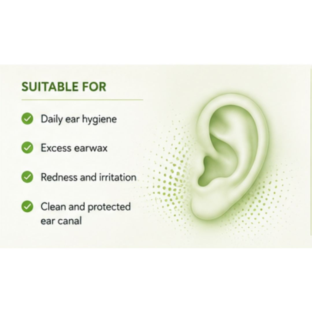 Otosan Natural Ear Drops 10ml 'SUITABLE FOR' graphic on a light green background
