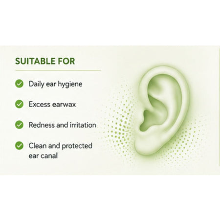 Otosan Natural Ear Drops 10ml 'SUITABLE FOR' graphic on a light green background