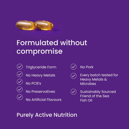 Fish oil capsules with certification details on a purple background