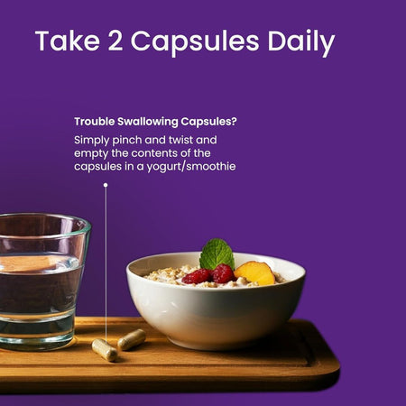 Illustration of a bowl of cereal with fruit, a glass of water, and capsules on a purple background with text about taking capsules daily.