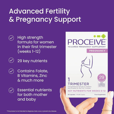 Proceive pregnancy supplement packaging with text on a purple background