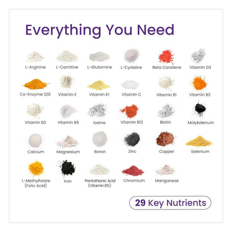 List of 29 key nutrients with corresponding icons on a white background