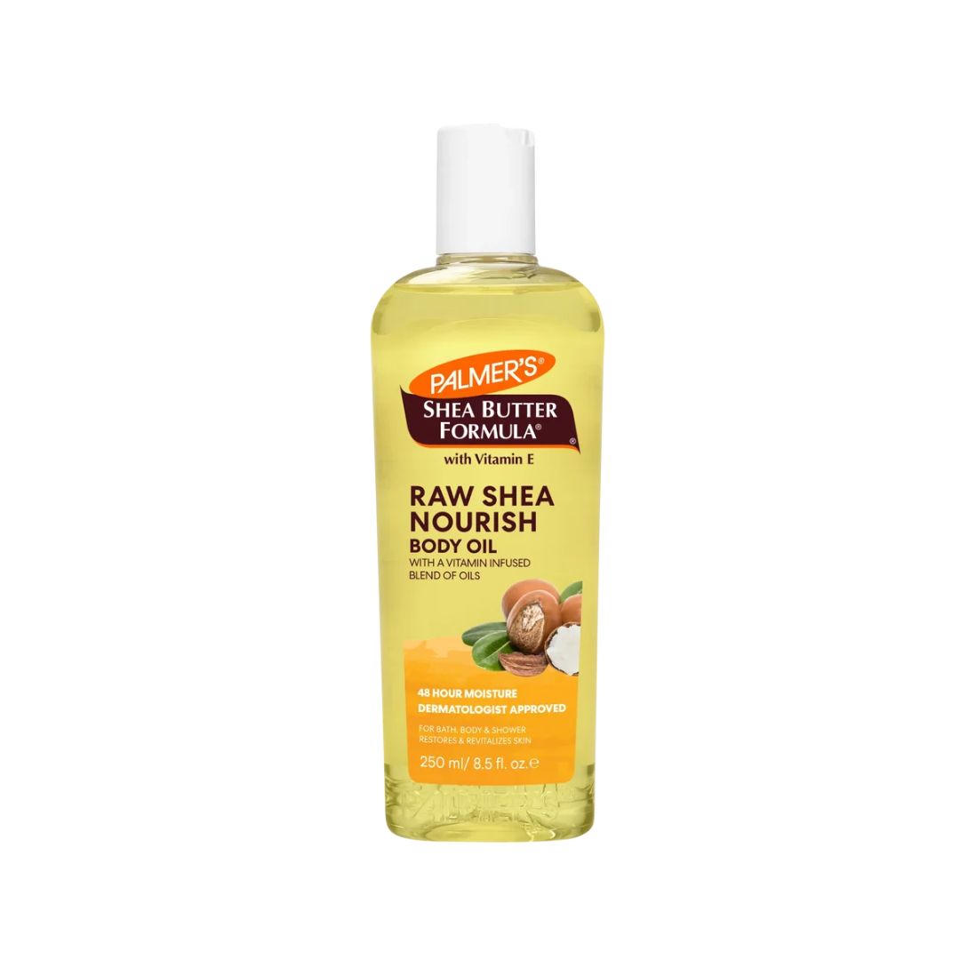 Palmer's Raw Shea Nourish Body Oil 250ml container on a white background