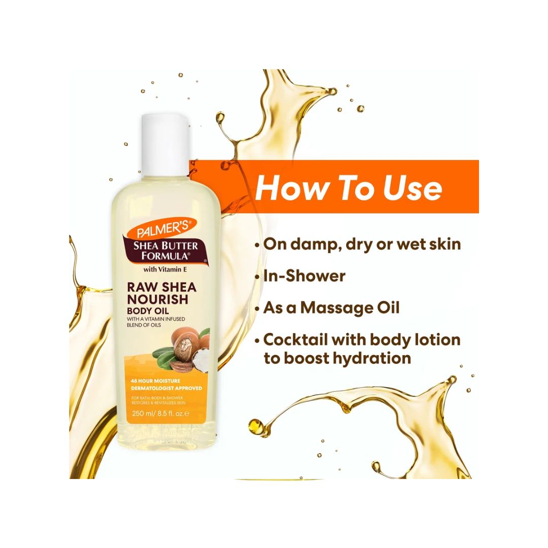 Palmer's Raw Shea Nourish Body Oil 250ml usage instructions on a white background