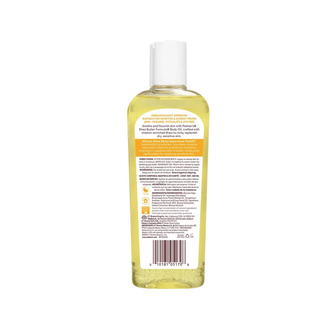 Palmer's Raw Shea Nourish Body Oil 250ml container (rear view) on a white background