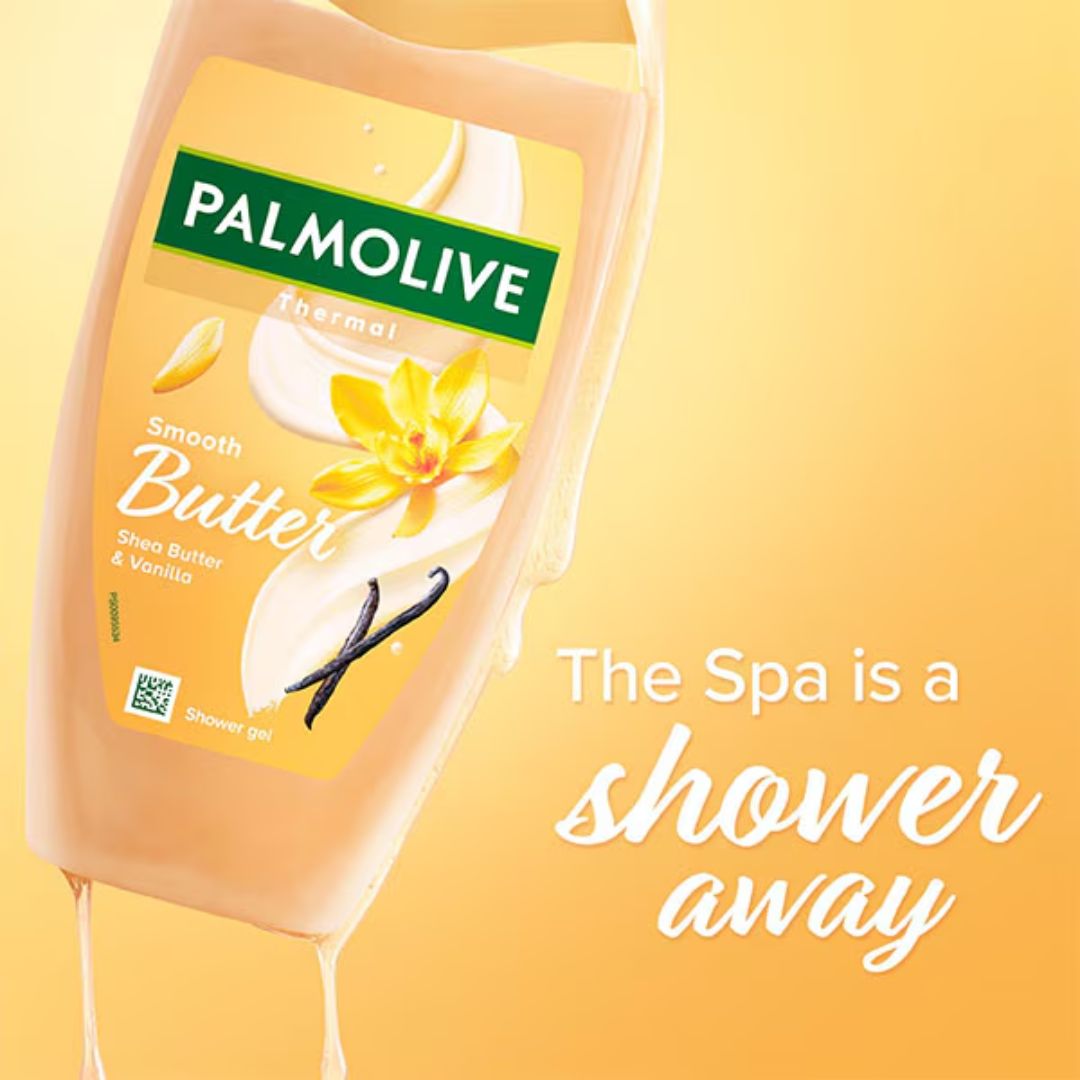 Palmolive Thermal Spa Smooth Butter Shower Gel on a yellow background with the caption 'The Spa is a shower away'