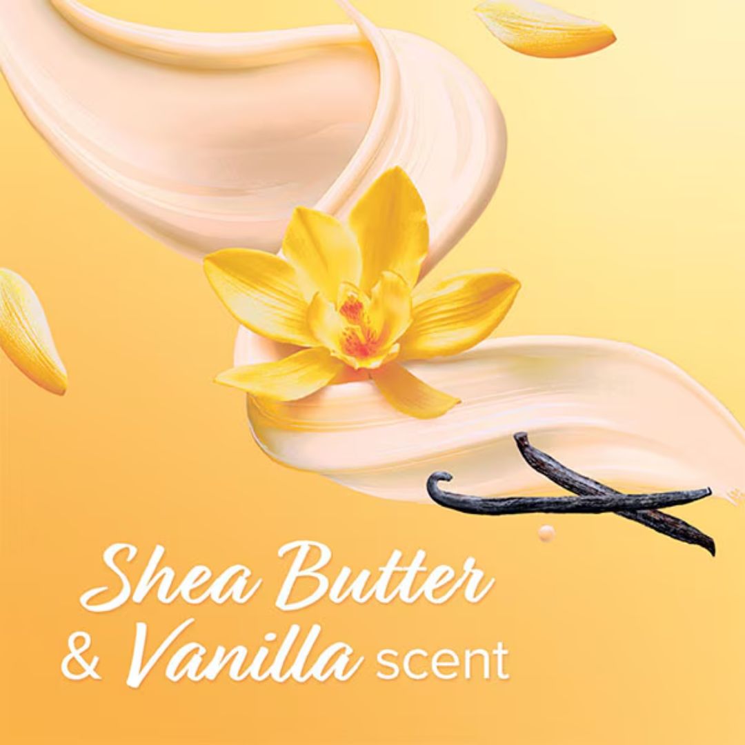 Palmolive Thermal Spa Smooth Butter Shower Gel 'Sea Butter & Vanilla scent graphic with image of flower and vanilla pod on a yellow background