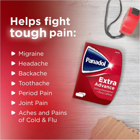 Panadol Extra Advance packaging with pain relief benefits listed on a red background
