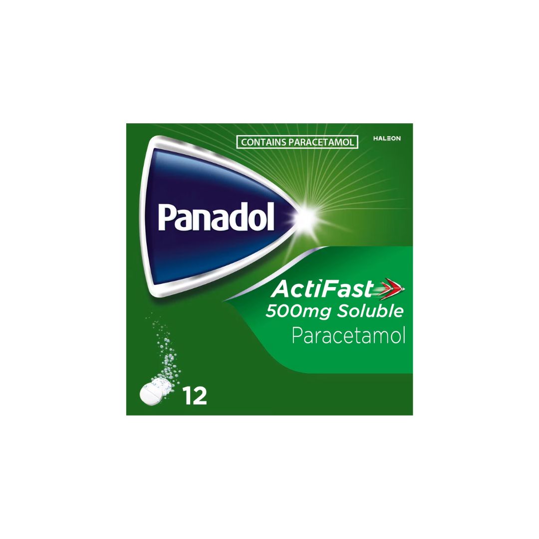 Panadol ActiFast 500mg 12 Soluble Tablets packaging on a white background