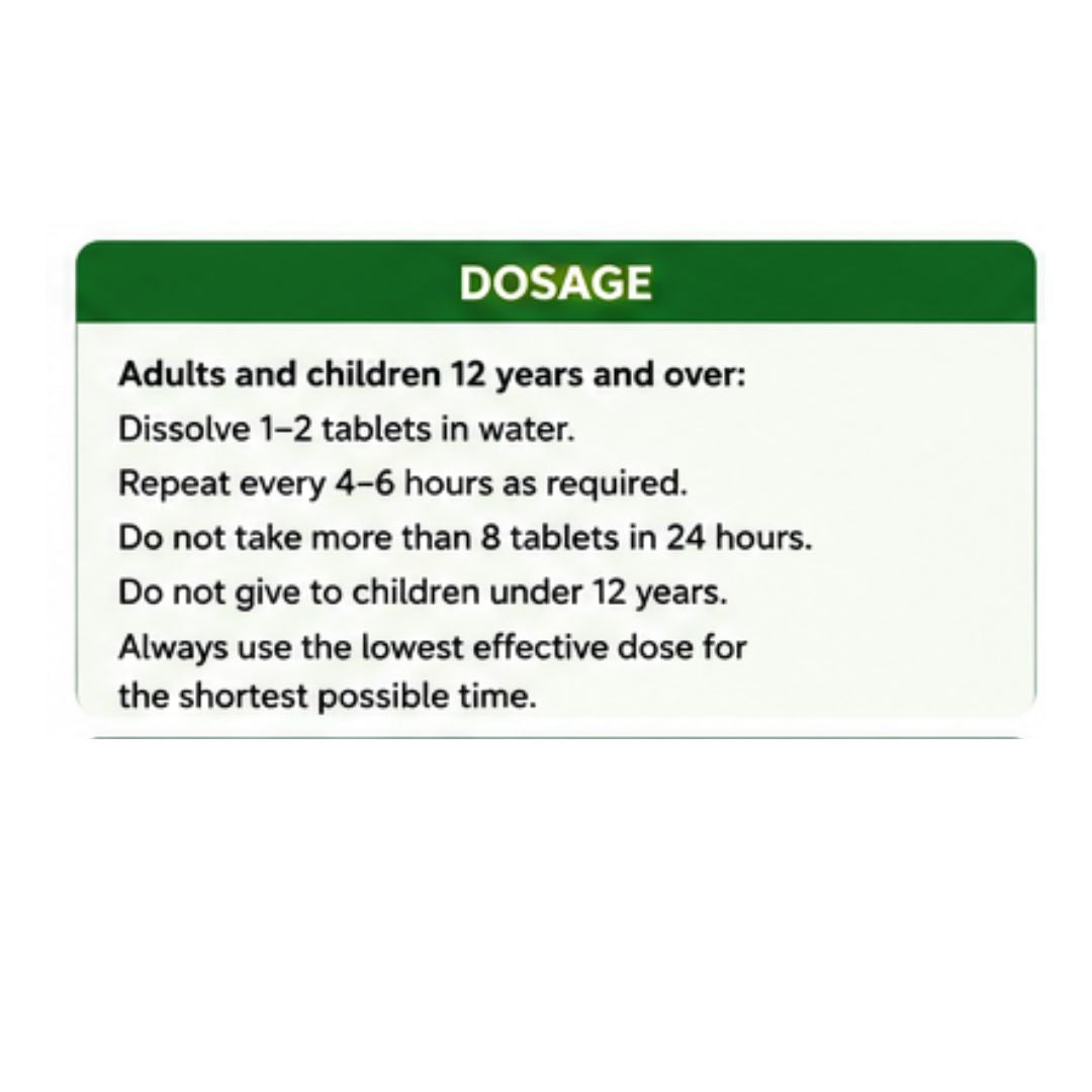 Panadol ActiFast 500mg 12 Soluble Tablets 'DOSAGE' information graphic