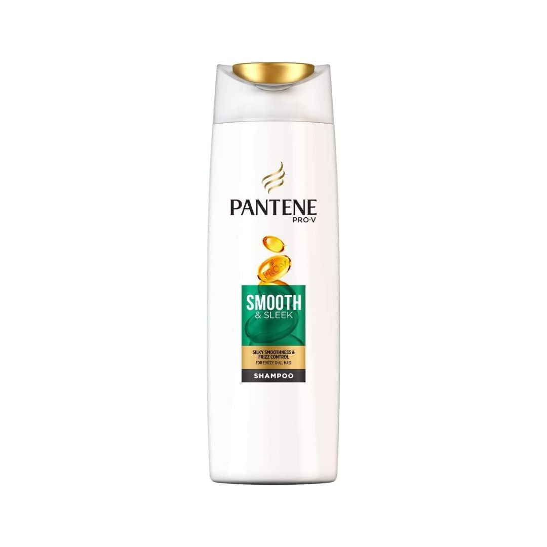 Pantene Prov Smooth & Green Detangling Shampoo in a tall white bottle with a gold cap, shown on a plain white background.
