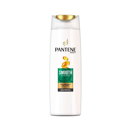 Pantene Prov Smooth & Green Detangling Shampoo in a tall white bottle with a gold cap, shown on a plain white background.
