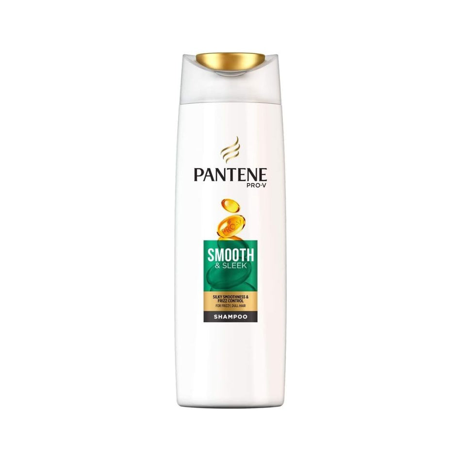 Pantene Prov Smooth & Green Detangling Shampoo in a tall white bottle with a gold cap, shown on a plain white background.