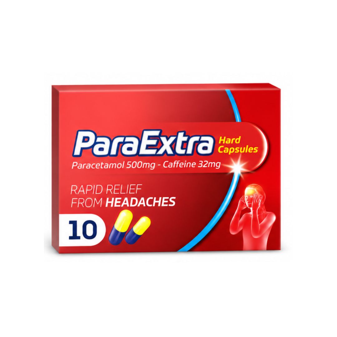 ParaExtra Parcetamol/Caffeine 10 Hard Capsules  packaging on a white background