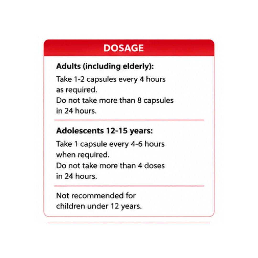ParaExtra Parcetamol/Caffeine 10 Hard Capsules 'DOSAGE' informationgraphic on a white background