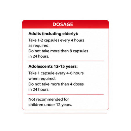 ParaExtra Parcetamol/Caffeine 10 Hard Capsules 'DOSAGE' informationgraphic on a white background