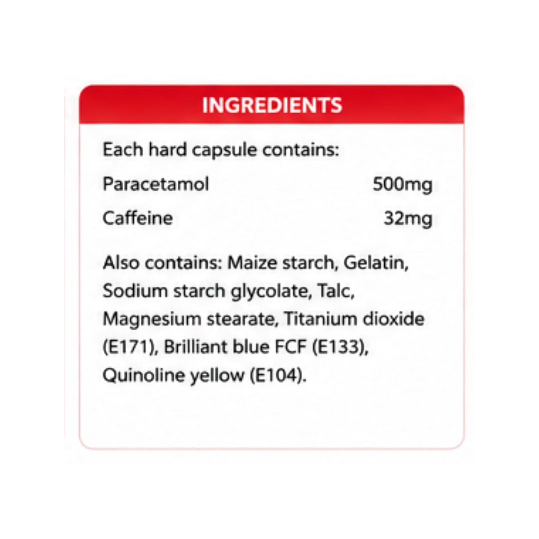 ParaExtra Parcetamol/Caffeine 10 Hard Capsules  'INGREDIENTS' graphic on a white background