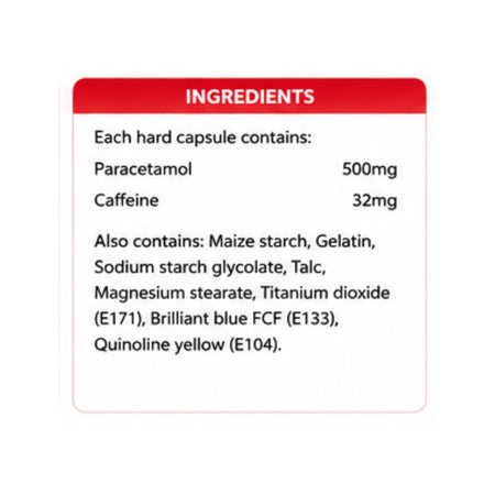 ParaExtra Parcetamol/Caffeine 10 Hard Capsules  'INGREDIENTS' graphic on a white background
