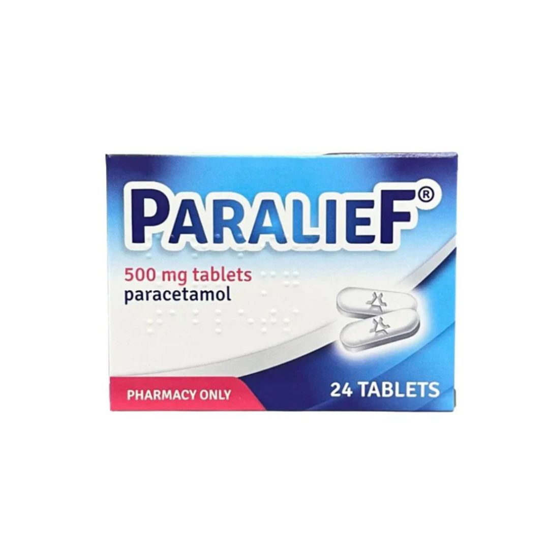 Box of Paralief 500 mg tablets with paracetamol on a white background