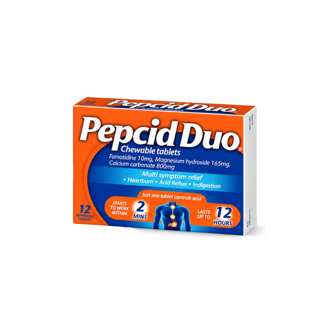 Pepcid Duo 12 Chewable Tablets packaging on a white background
