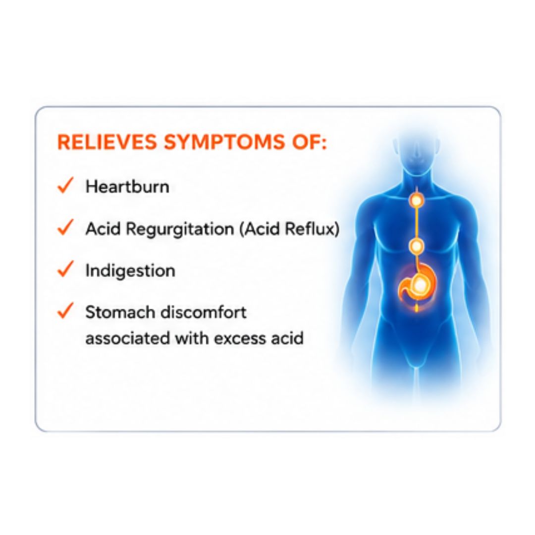 Pepcid Duo 12 Chewable Tablets 'RELIEVS SYMPTOMS OF' graphic on a white background