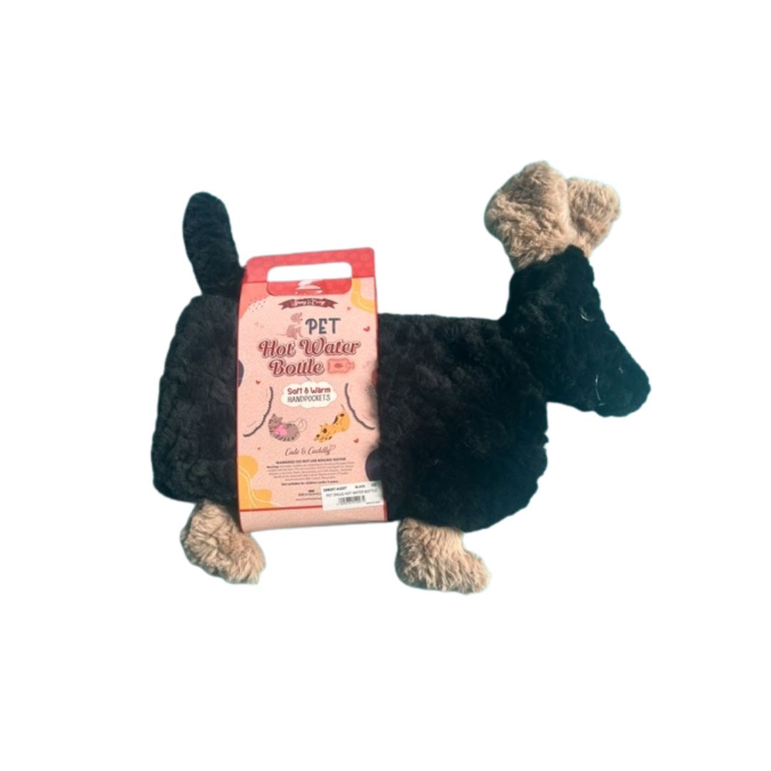 A black plush dog-shaped water bottle with tan paws and ears, shown with its pink retail packaging box against a plain white background.