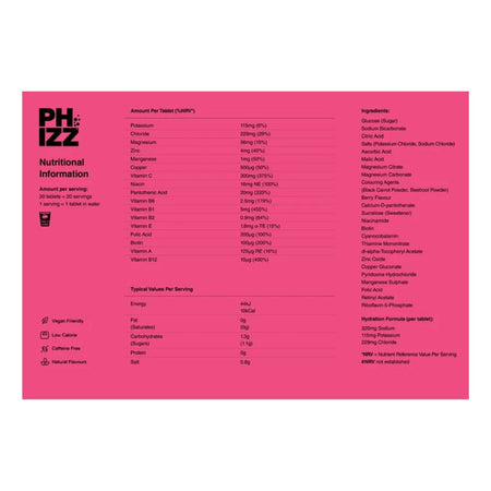 Phizz Daily 3-in-1 Hydration nutritional information chart