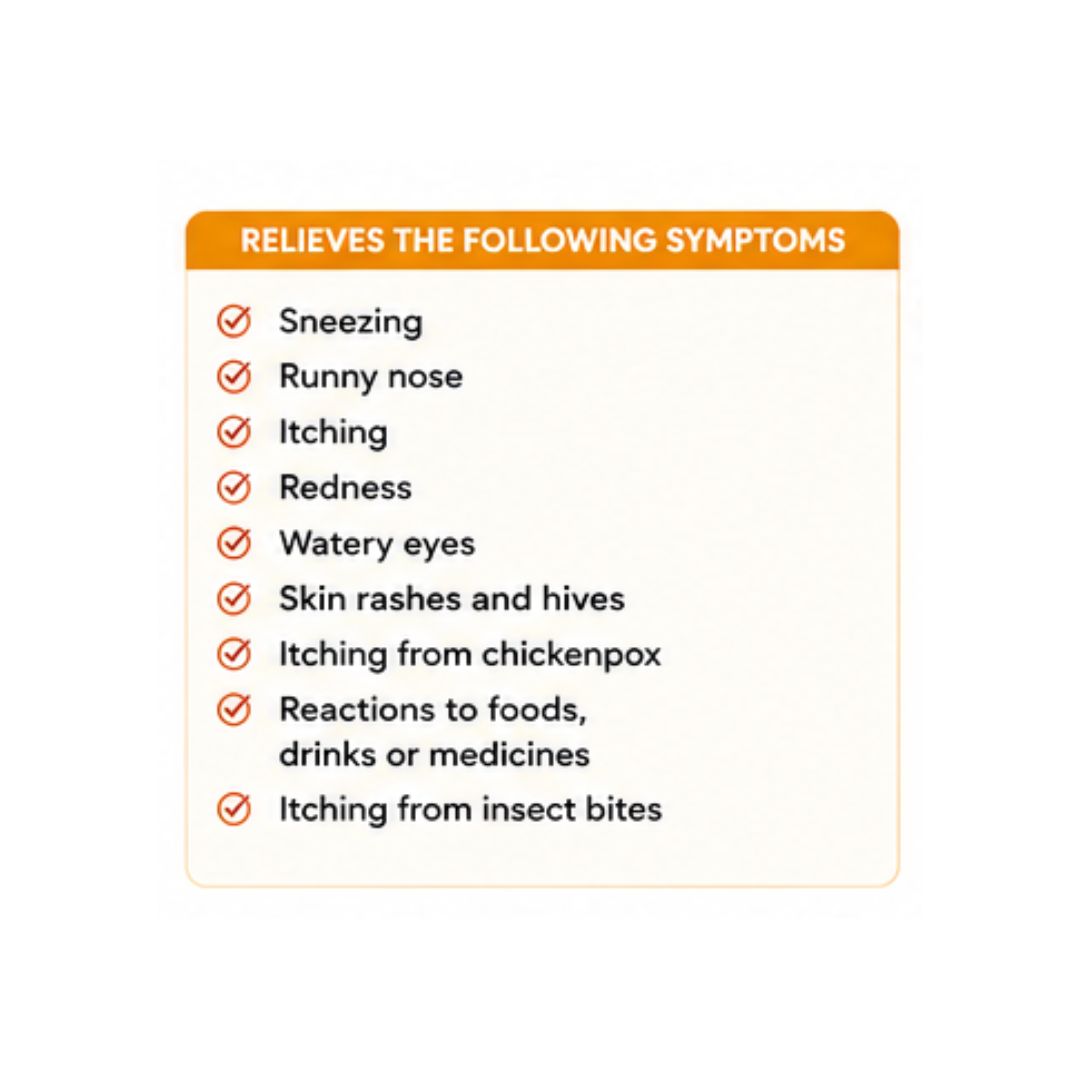 Piriton Allergy 4mg 60 Tablets 'RELIEVES THE FOLLOWING SYMPTOMS' graphic on a white background
