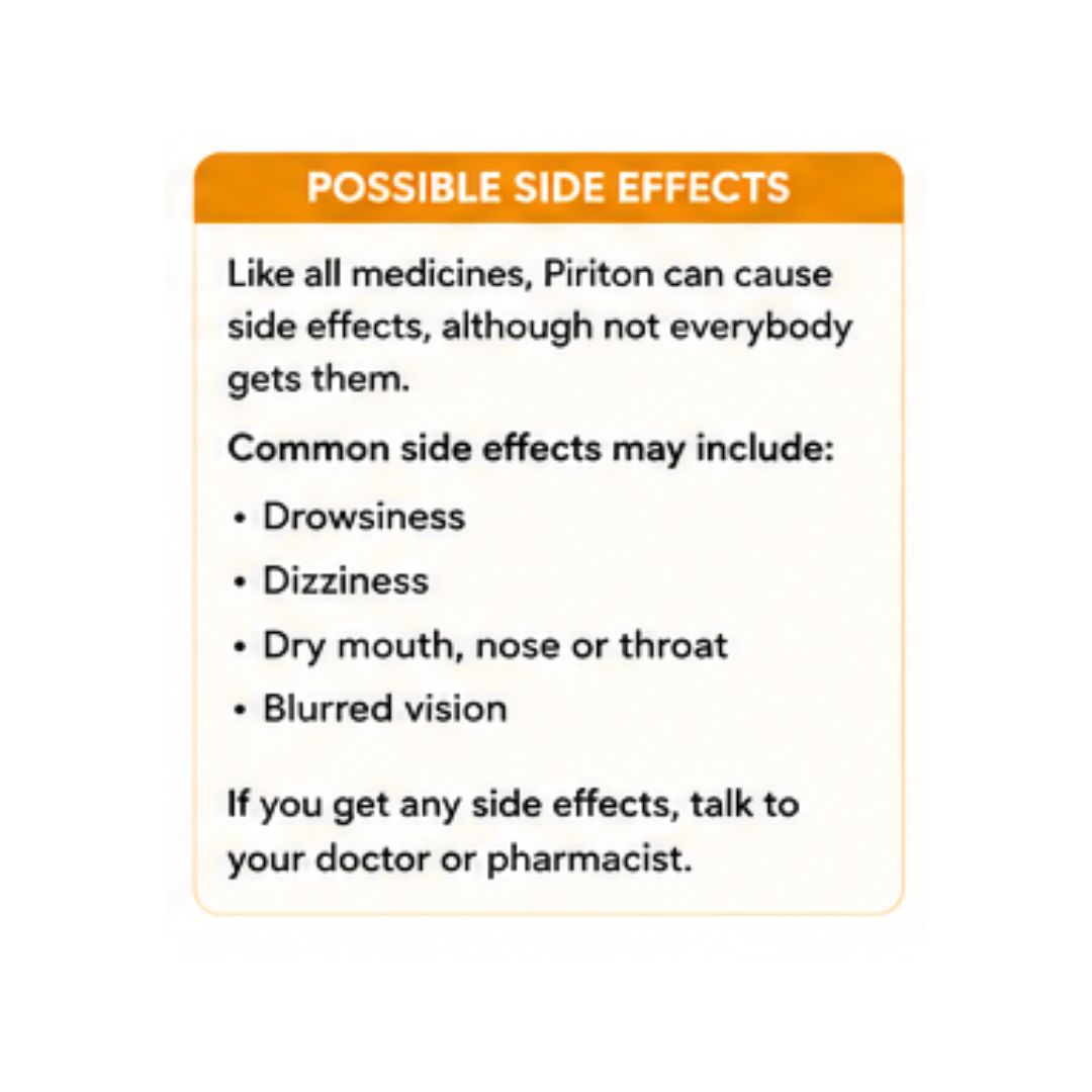 Piriton Allergy 4mg 60 Tablets 'POSSIBLE SIDE EFFECTS' graphic on a white backgreound