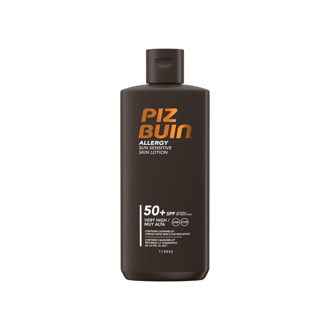 A dark brown bottle of Piz Buin Allergy Sun Protective Skin Lotion SPF 50+ with orange and white text, centered on a plain white background.
