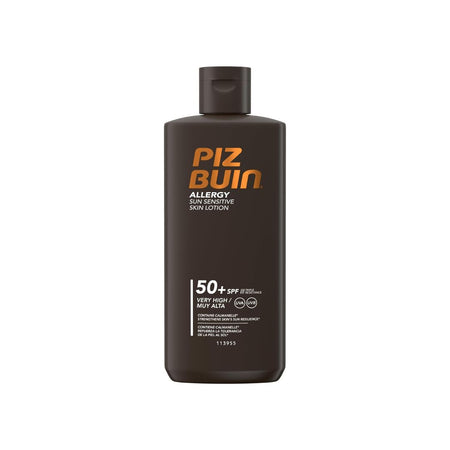 A dark brown bottle of Piz Buin Allergy Sun Protective Skin Lotion SPF 50+ with orange and white text, centered on a plain white background.